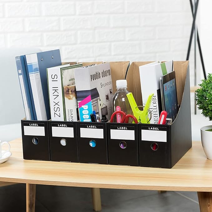 Foldable Desk File Holder Organizer Sturdy Cardboard Magazine Storage Box Document Rack with Blank Label Stickers for Home School Office (5, Matte Black)