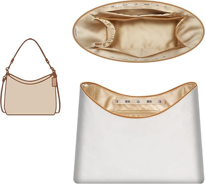 GIVLEFLY Purse Organizer Insert Fit for Laurel Small Size Tote Bag Organizer Insert with Cup Holder, Light Weight Purse Liner with Built-In Zipper Pocket (Beige Lining,Medium)