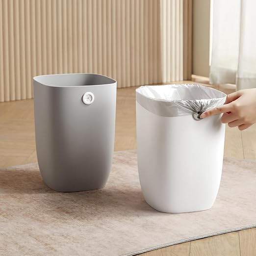 Bathroom Trash Can, Plastic Rectangular Garbage Can with Trash Liner Holder for Bedroom, Living Room, Small Indoor Waste Basket, 7L, White