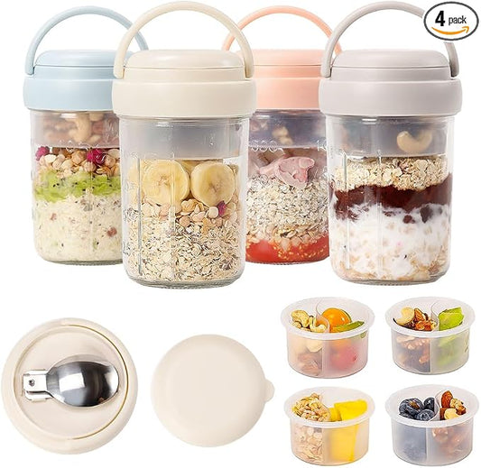 UWILLION Overnight Oats Containers with Handles, 16 oz Glass Mason Jars with Lids, Folding Spoons & Topping Compartments, Yogurt Parfait Cups for Meal Prep, Chia Pudding, Breakfast to Go, 4 Pack