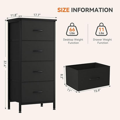 Sweetcrispy 4 Fabric Drawer Small Dresser, Bedside Nightstand with Wooden Top Sturdy Frame, Entryway Closet Bedroom Storage Cabinet Furniture for Dorm,Black