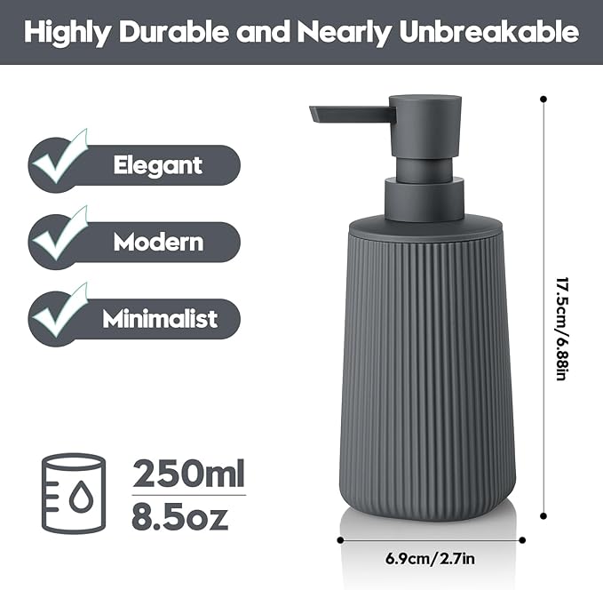Small Soap Dispenser for Bathroom and Kitchen, Modern Farmhouse Striped Style Plastic Hand Soap Dish Soap Dispenser with Pump Matte Dark Gray