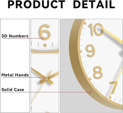 Roymnie Wall Clock, 10 Inch Silent Wall Clocks Battery Operated-Modern Non Ticking Analog Clock Decorative for Kitchen Bedroom Office Bathroom(White Gold)
