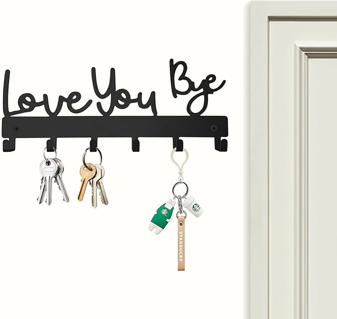 Love You Bye Sign Key Holder Hook Wall Mounted Key Holder Rack Organizer Hanger with 6 Hooks for Wall Express Love Art Decor for Entryway Front Door Kitchen Hallway Office (Love You Bye)