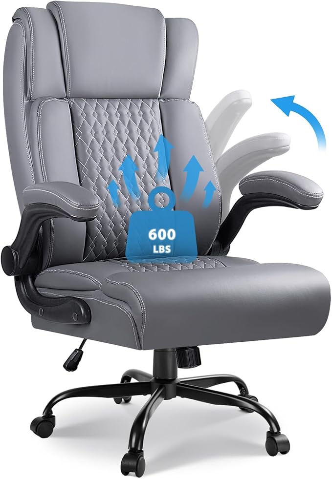 VITESSE Heavy Duty Office Chair, Executive Office Chair with Flip up Armrest,Ergonomic High Back Computer Gaming Chairs Home Office 400lbs, Big and Tall Office Chairwith Lumbar Support（Gray）