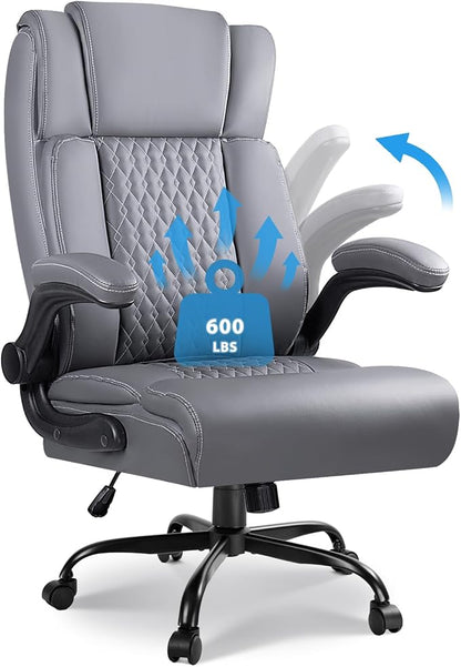 VITESSE Heavy Duty Office Chair, Executive Office Chair with Flip up Armrest,Ergonomic High Back Computer Gaming Chairs Home Office 400lbs, Big and Tall Office Chairwith Lumbar Support（Gray）