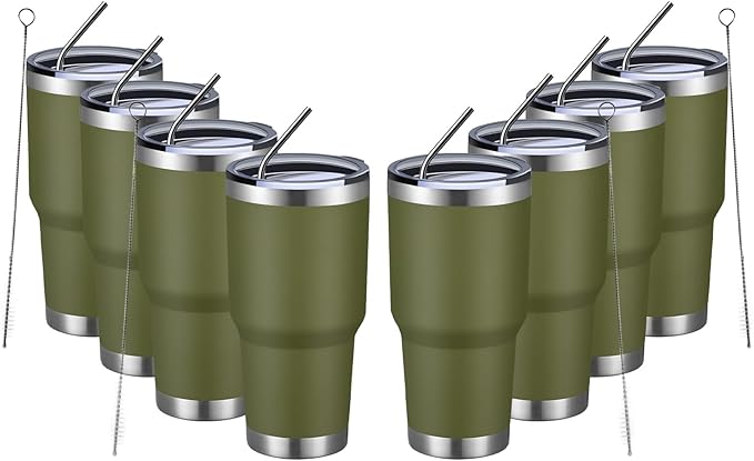 MEWAY 30oz Insulated Tumbler With Lids and Straws,Stainless Steel Double Vacuum Coffee Tumbler Cup, Brush, Durable Powder Coated Coffee Cup for Cold & Hot Drinks, Office, Travel(Army Green,8 PACK)