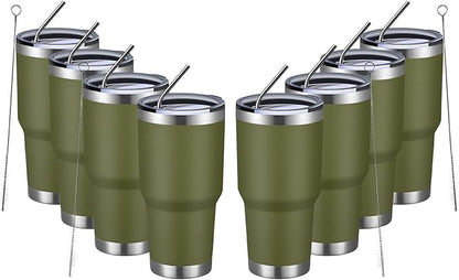 MEWAY 30oz Insulated Tumbler With Lids and Straws,Stainless Steel Double Vacuum Coffee Tumbler Cup, Brush, Durable Powder Coated Coffee Cup for Cold & Hot Drinks, Office, Travel(Army Green,8 PACK)