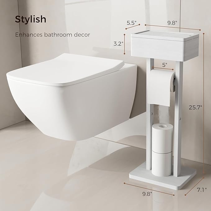 Wealone 4-in-1 White Toilet Paper Holder Stand with Storage Shelf Box, Bamboo Free Standing Toilet Tissue Roll, Toilet Wipes Dispenser Organizer, Temporary Desktop for Bathroom (Patent Protection)