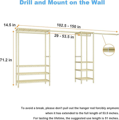 Ulif E11 Heavy-Duty Garment Rack, Metal Freestanding Clothes Rack and Closet Storage Organizer System with 8 Shelves and 4 Hanger Rods, (73.2-97.6)" W x 14.5" D x 71.2" H, Load 1034 LBS, Gold