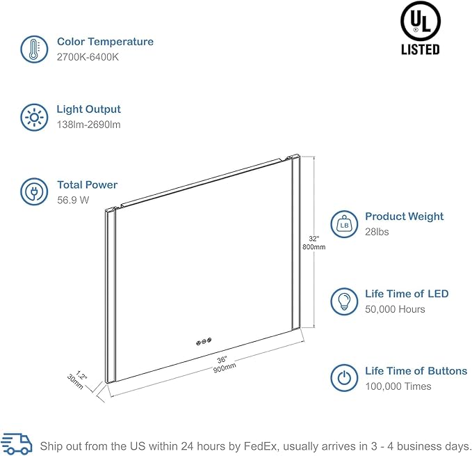 Blossom LED Bathroom Mirror, 36x32 Inch Gradient Front and Backlit LED Mirror for Bathroom, Brushed Gold Frame, Foldable Wing Design, 3 Colors Dimmable CRI>90 Double Lights, IP54 Enhanced, Anti-Fog