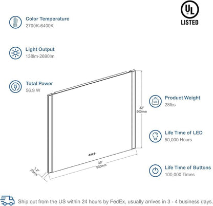 Blossom LED Bathroom Mirror, 36x32 Inch Gradient Front and Backlit LED Mirror for Bathroom, Brushed Gold Frame, Foldable Wing Design, 3 Colors Dimmable CRI>90 Double Lights, IP54 Enhanced, Anti-Fog