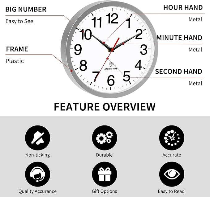 Rohioue Atomic Wall Clock Modern 12 Inch Battery Operated Analog Clock Decorative for Bedroom Kitchen Bathroom Office Home Living Room (Silver)