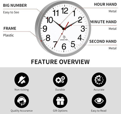 Rohioue Atomic Wall Clock Modern 12 Inch Battery Operated Analog Clock Decorative for Bedroom Kitchen Bathroom Office Home Living Room (Silver)