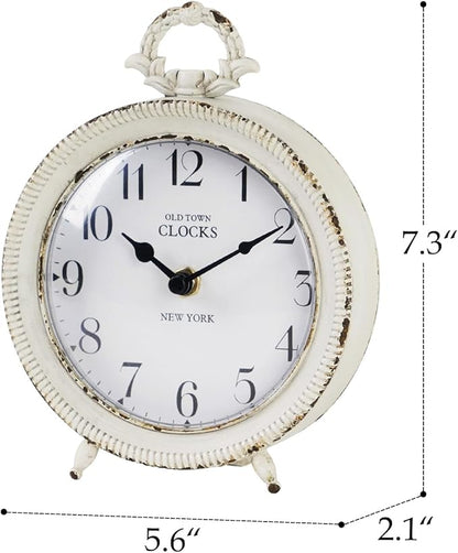 NIKKY HOME Table Clock, Vintage Desk Clock, Antique White Finish Table Clocks, Non-Ticking Battery Operated Decorative Shelf Clock for Living Room Bedroom Gift Clocks