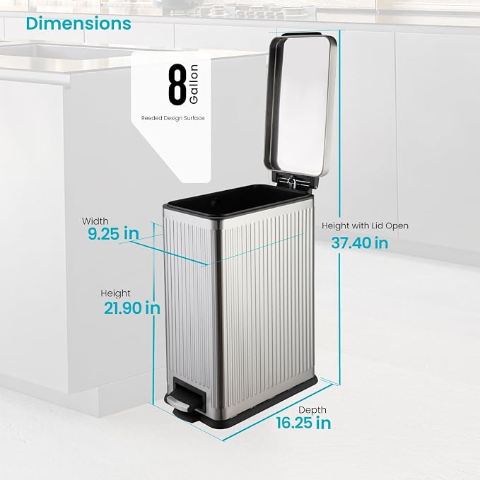 Home Zone Living 8 Gallon Kitchen Trash Can with Slim Fit Design | Stainless Steel with Soft-Close Step Pedal Lid, Bag Tuck Band for Easier Bag Changes, Rectangular Shape, Reeded Style, Silver