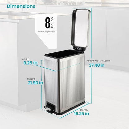 Home Zone Living 8 Gallon Kitchen Trash Can with Slim Fit Design | Stainless Steel with Soft-Close Step Pedal Lid, Bag Tuck Band for Easier Bag Changes, Rectangular Shape, Reeded Style, Silver