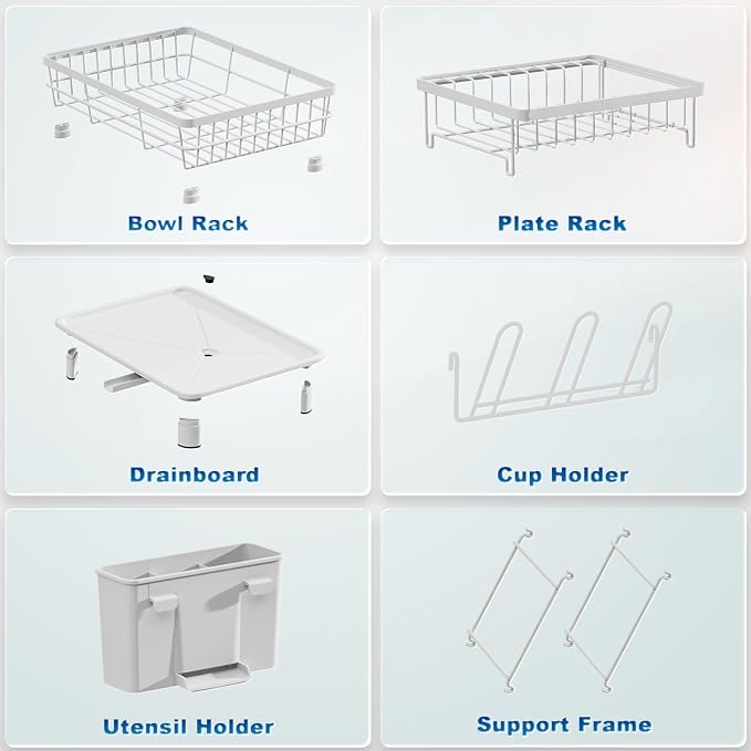 GAOKASE Dish Drying Rack, Stainless Steel-Dish Rack, Dish Racks for Kitchen Counter, Kitchen Dish Drainers with Removable Utensil Holder,New Drain Outlet,Plate Rack and Drainboard (White 3)