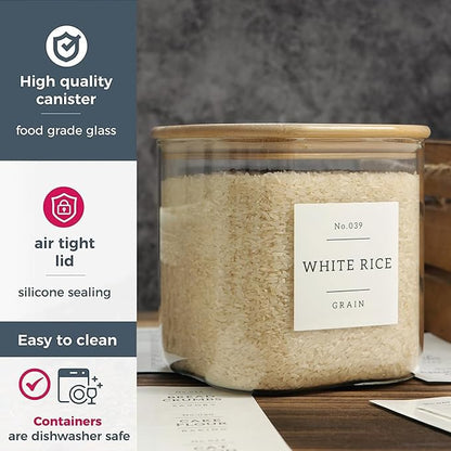 HHMJSM Large Glass Flour and Sugar Containers with 42 Kitchen Pantry Labels - 85 Oz Glass Food Storage Containers with Airtight Lids - Square Glass Jars with Bamboo Lids for Rice, Pasta, Cookies