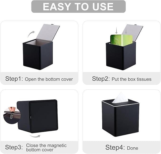 KINGFOM Leather Tissue Box Cover – Square Modern PU Leather Tissue Holder, Cube Tissue Dispenser for Home, Office, Bedroom, Bathroom – Elegant Minimalist Style (Black-Square)