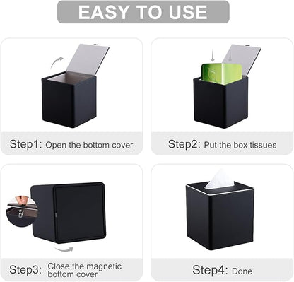 KINGFOM Leather Tissue Box Cover – Square Modern PU Leather Tissue Holder, Cube Tissue Dispenser for Home, Office, Bedroom, Bathroom – Elegant Minimalist Style (Black-Square)