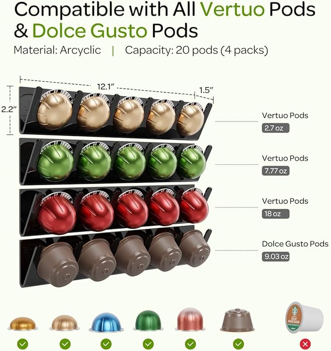 LifeMoreasy Magnetic Coffee Pods Holder for Nespresso Vertuo & Dolce Gusto, Self-Adhesive Wall Mounted Capsule Organizer for Kitchen Cabinet Fridge(4 Packs for 20 Pods)