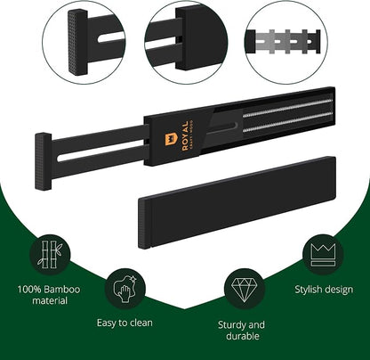 Bamboo Drawer Dividers Organizers, Adjustable Drawer Separator Splitters, 17–22 Inches Expandable Drawer Divider Organizer for Large Utensils, Kitchen, Bedroom, Dresser & Office Drawers 4-Pack, Black