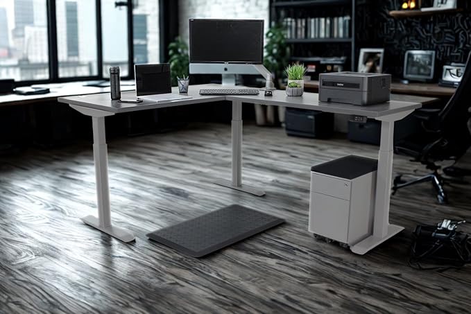 Lift It, Electric Sit Stand Height Adjustable 72"x30" I 48"x24" L-Shape Office Desk for Office or Home, 4 Memory Digital Control with USB Charging, Charcoal Pattern Top, Silver Frame
