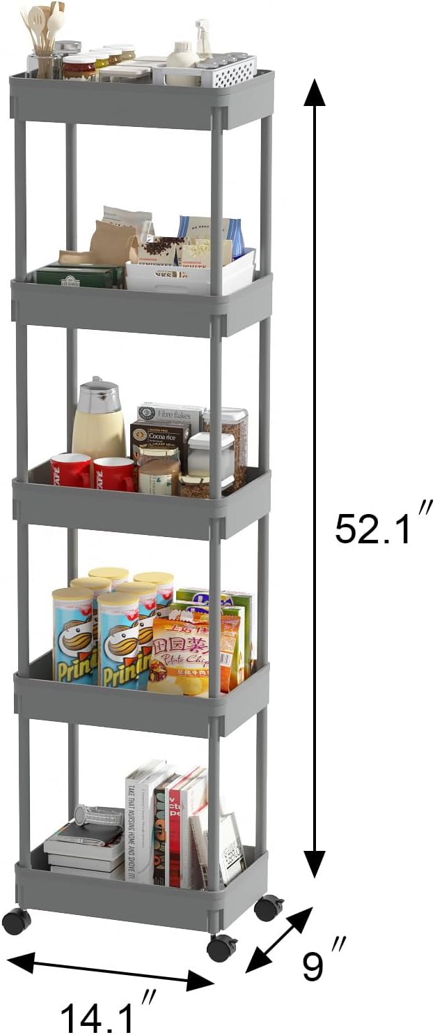 Sooyee 5-Tier Plastic Rolling Utility Cart with Wheels, Multi-Functional Storage Trolley for Office, Living Room, Kitchen, Movable Storage Organizer with Wheels,Grey