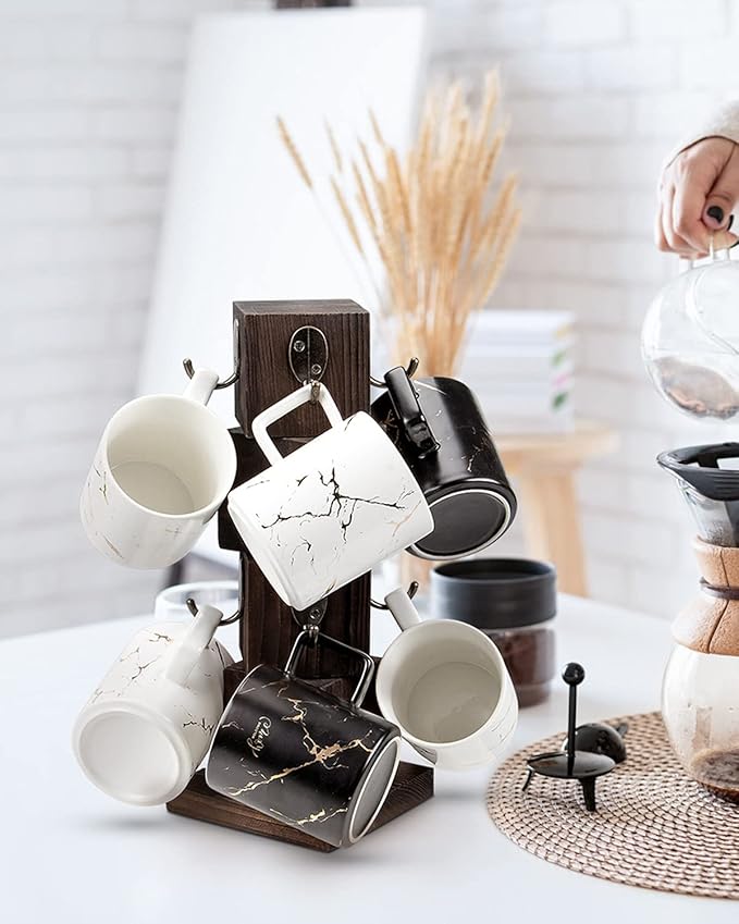 PUERSI Coffee Mug Holder for Counter, Rustic Solid Wood Mug Tree, Farmhouse Wooden Coffee Cup Rack with 8 Hooks (Rustic Brown)