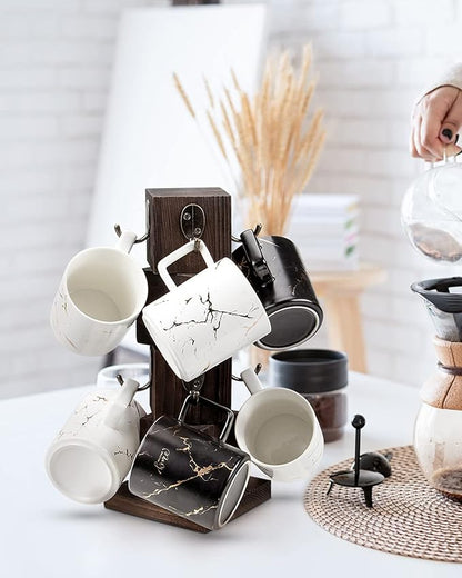 PUERSI Coffee Mug Holder for Counter, Rustic Solid Wood Mug Tree, Farmhouse Wooden Coffee Cup Rack with 8 Hooks (Rustic Brown)