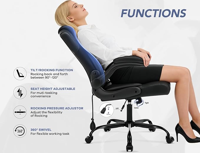 Office Chair with Adjustable Inflatable Lumbar Support,Leather Ergonomic Computer Desk Chair with Flip-up Arms,Adjustable Tilt Lock,Swivel Rolling Executive PC Chair for Work,Study,Meeting.Black