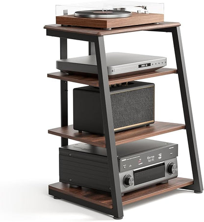 FITUEYES 4-Tier AV Media Stand Corner Shelf for Record Player Wooden Stereo Cabinet Audio Rack Tower with Height Adjustable Wooden Shelves for ps4 (Walnut)