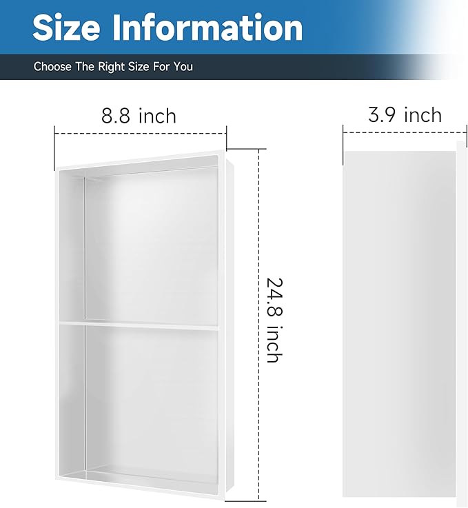 Shower Niche 9" X 25" White, Stainless Steel Wall Niche Double Shelves Recessed Shower Shelf for Bathroom Storage, No Tile Needed Over Mount Installation