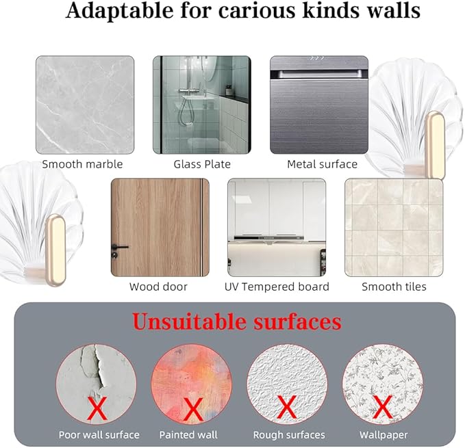 8PCS Shell Clear Adhesive Hooks - No Drill Removable Waterproof for Bathroom, Shower, Kitchen, Reusable Transparent Damage-Free Towels, Bath Sponges & Small Items (Space-Saving)