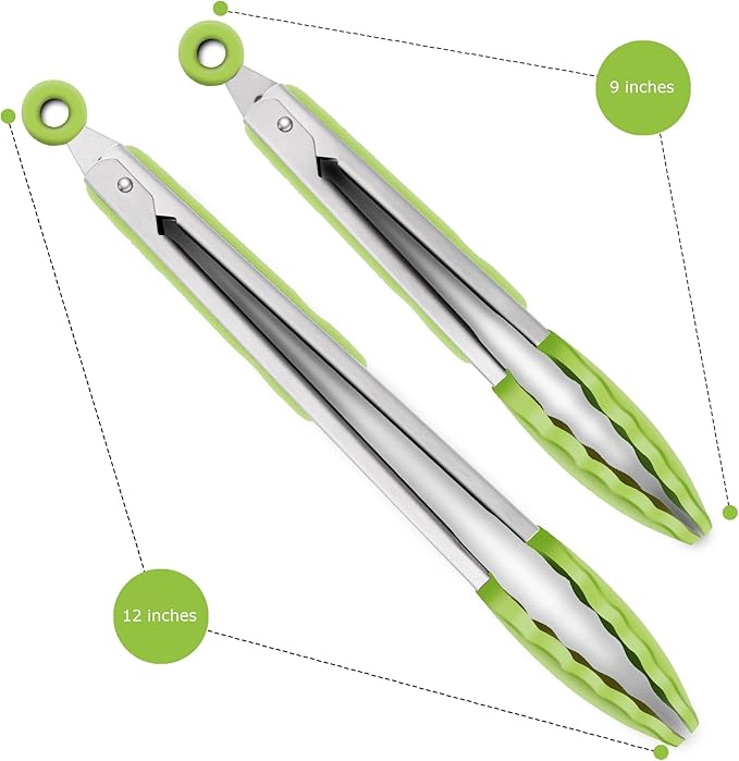 2 Pack Silicone Kitchen Tongs – 9" & 12" Set, Heat Resistant up to 500°F, Non‑Stick Cookware Safe, Wavy Silicone Tips, BPA Free, Locking Clip & Hanging Loop, Light Green