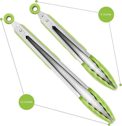 2 Pack Silicone Kitchen Tongs – 9" & 12" Set, Heat Resistant up to 500°F, Non‑Stick Cookware Safe, Wavy Silicone Tips, BPA Free, Locking Clip & Hanging Loop, Light Green