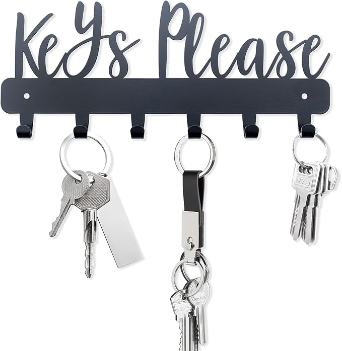 Keys Please Holder on Wall,Key Holder Wall Mounted,Black Metal Decorative Key Rack Hooks for Garage, Mudroom, Hallway,Entryway,Front Door,Office (Normal Size:11x4.57inches)