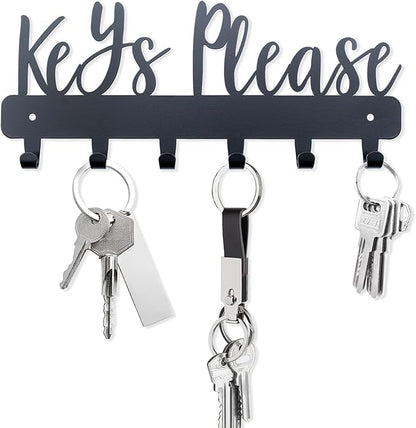 Keys Please Holder on Wall,Key Holder Wall Mounted,Black Metal Decorative Key Rack Hooks for Garage, Mudroom, Hallway,Entryway,Front Door,Office (Normal Size:11x4.57inches)