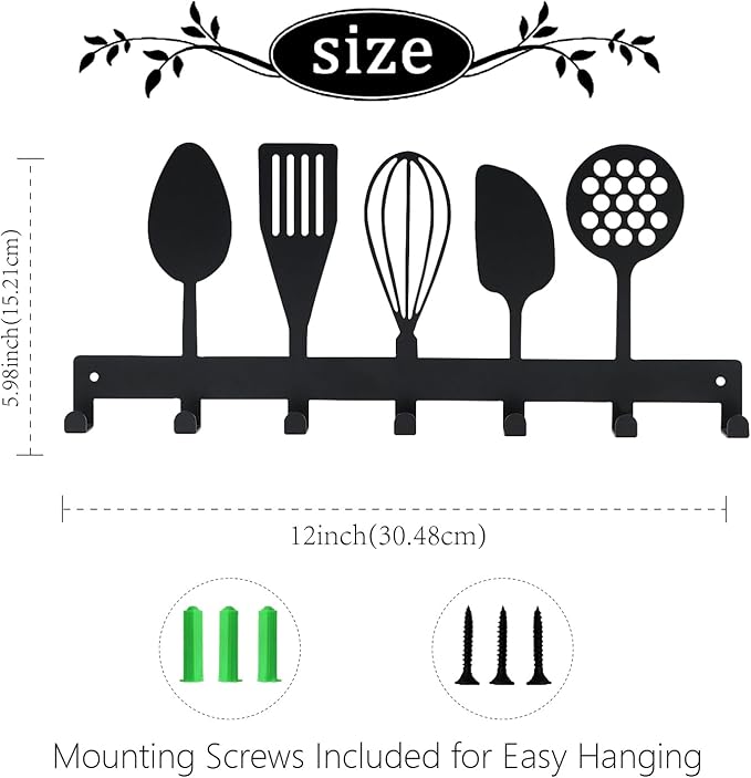 Metal Key Holder, Wall Mounted Key Hooks, Key Holder for Wall, Key Organizer Rack with 7 Hooks, Key Hanger Decor for Kitchen, Entryway, Hallway, Bedroom, Doorway (Cookware 12IN)