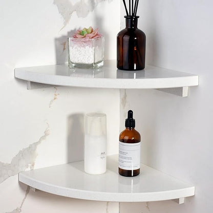 Koville 2 Pcs Wall Mounted White Marble Corner Shower Shelf for Bathroom, 10'' Polished Marble Corner Shelves for Bath, Stone Corner Shower Caddy - White Cliff (No Glue Included)