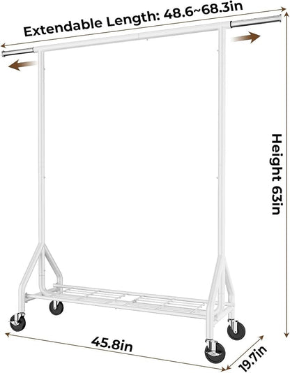 HYSEYY Heavy Duty Clothes Rack Load 450 LBS, Metal Garment Rack, Standing Rolling Clothing Rack for Hanging Clothes with Sturdy Wheels & Shelves, Portable Closet Wardrobe Rack,White