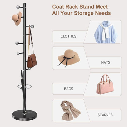 Modern Metal Coat Rack Stand, Coat Rack Freestanding with Natural Marble Base, Sturdy Heavy Duty Coat Racks with 8 Hooks, Black Coat Hall Tree Stand for Entryway, Office