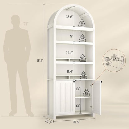 81" Tall Arched Cabinets,Bookcase with storage,Mid-Century Modern 6-Tier Bookshelf with Door,2 Book Risers and Adjustable Shelves give more storage space for Living Room,Home Office Antique White