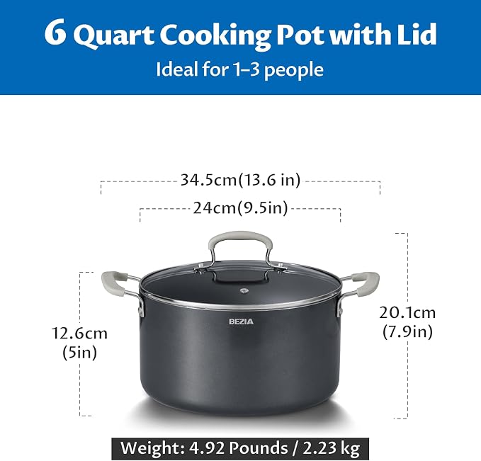 6 Quart Nonstick Stock Pot with Lid - BEZIA Ceramic Soup Pot for Small Families, Induction Cooking Pot with Stay-Cool Silicone Handles, Easy Cleanup, Perfect for Side Dishes, Daily Meals & Camping