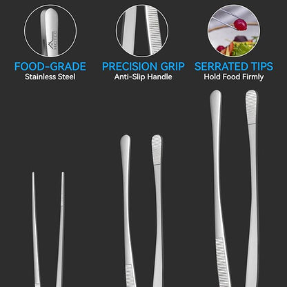 HOTEC Kitchen Tweezers Tongs Stainless Steel Professional Chef Tweezers, Set of 3-6.3", 10" and 12inch Food Tongs for Cooking, Repairing, Dessert, BBQ, Meat, Pasta