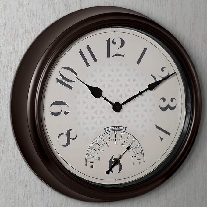 Presentime & Co. 14" in/Outdoor Luminous Wall Clock with Thermometer, Weather Thermometer, Night Light with Smart Sensor - Oil Rubbed Bronze Finish, Outdoor Lights & Decoration.