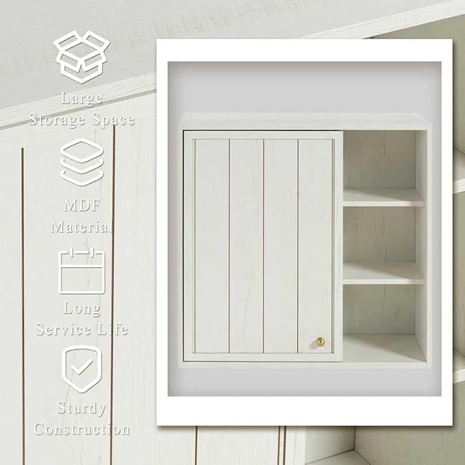 Bathroom Wall Cabinet, Small Wall Cabinet Over Toilet with Door and Adjustable Shelf, Rustic Medicine Cabinet for Kitchen, Garage, Livingroom, Laundry Room (White, 1 PCS)