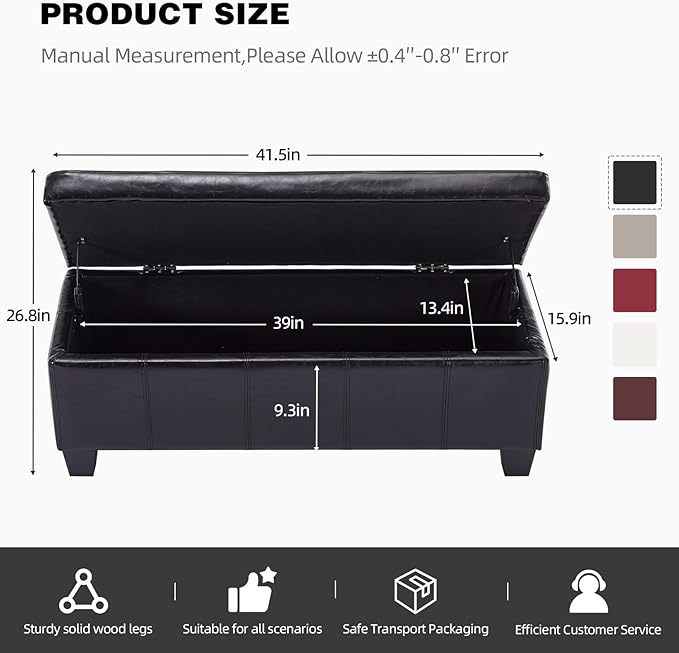Faux Leather Ottoman with Storage, 41" Storage Bench Foot Rest with Legs, Ottoman Bench Sturdy Wood Frame Supports 660 lbs for Bedroom, Living Room, Entryway, Black