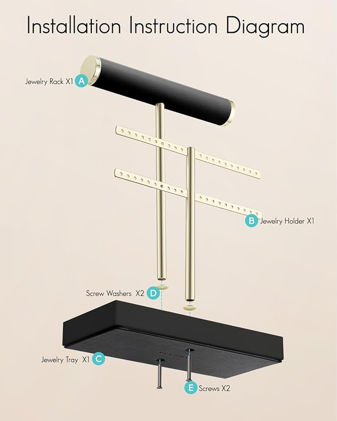 Vlando 2 Tier Necklace Holder Organizer with Tray, Leather Bracelet Holder Display for Women, Gold Jewelry Holder Stand for Bracelet, Necklace, Earrings, Rings - Black